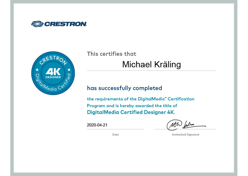 Zertifikat Michael Kräling Crestron CTI-P201