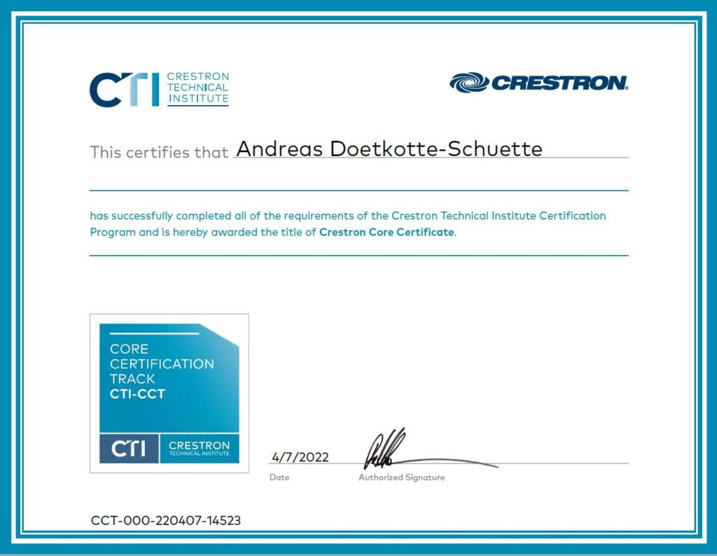 Crestron Core Certificate Andreas Doetkotte-Schuette