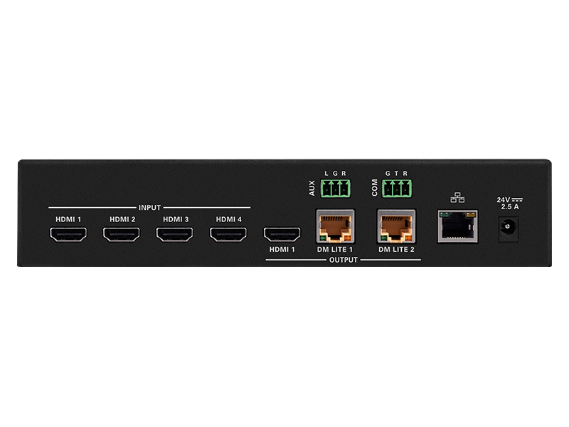 Crestron-HD-MD402 Videoverteiler mit 4 HDMI Input auf 2 DM-Lite und HDMI Front