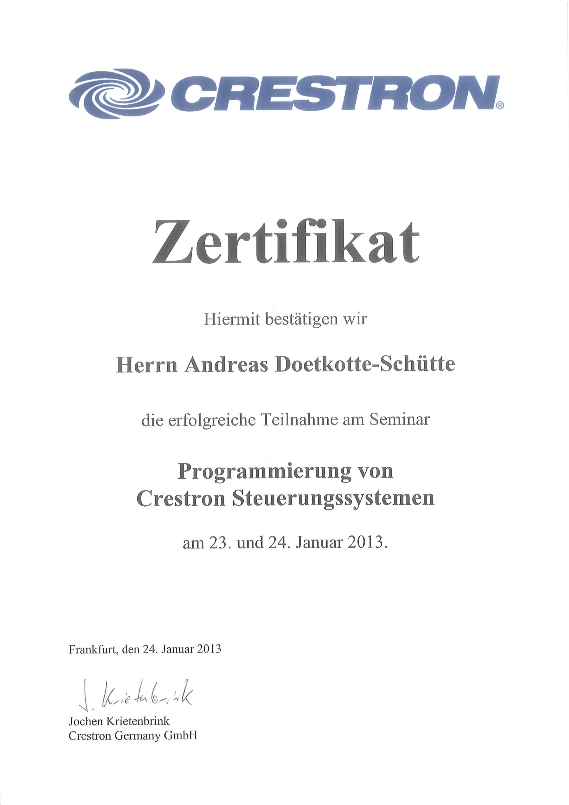 Crestron Zertifikate Andreas Doetkotte-Schütte Programmierung Crestron