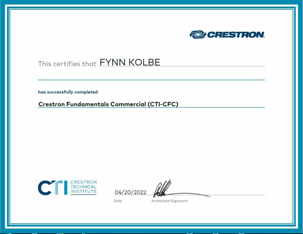 Fynn Kolbe Zertifikat Crestron CTI