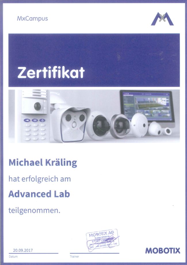 Zertifikat Mobotix Advanced Michael Kräling