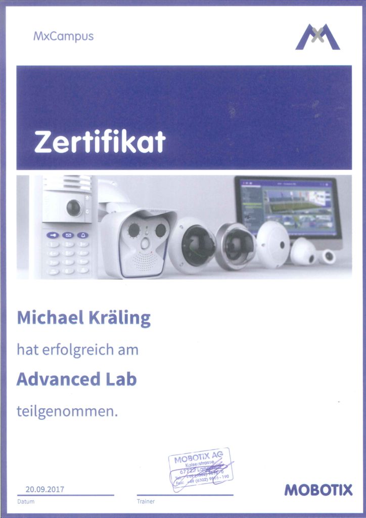 Zertifikat Mobotix Advanced Michael Kräling