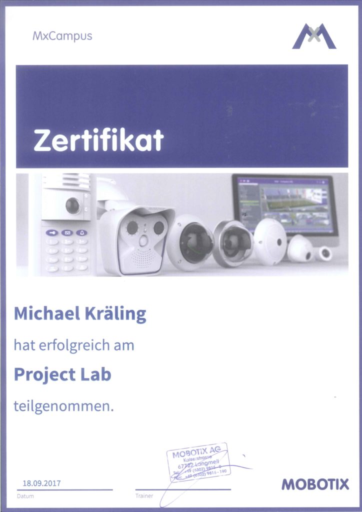 Zertifikat Mobotix project LAB Michael Kräling