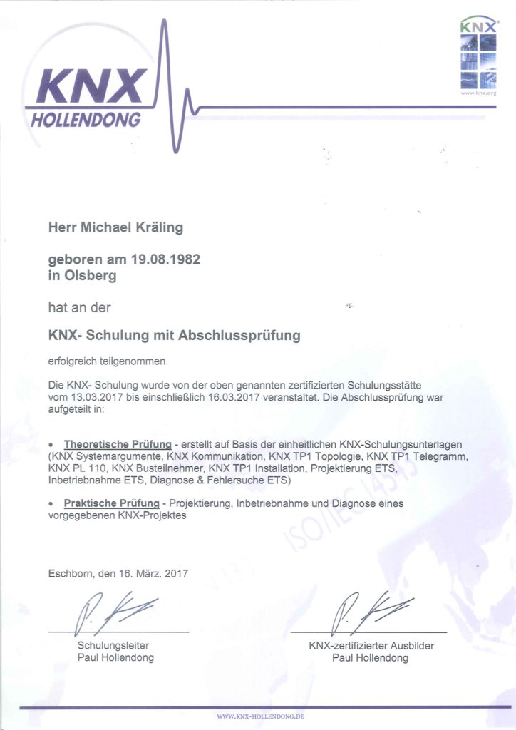 Zertifikat KNX Michael Kräling