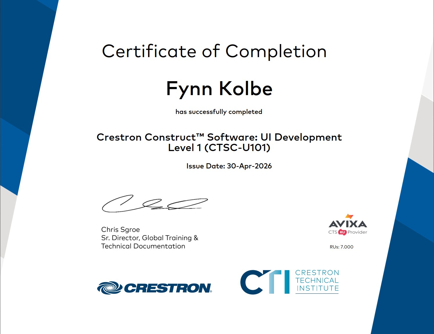 Zertifikat Crestron CTSC-U101 Fynn Kolbe