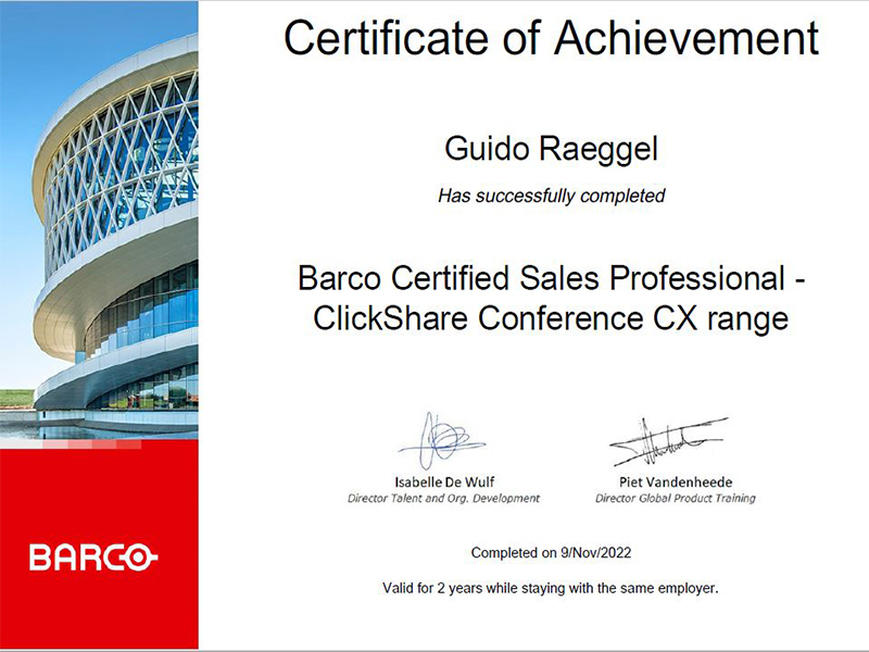 Barco-Zertifikat Guido Raeggel